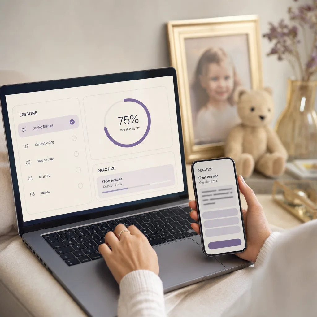 Inside the program: course dashboard with modules, lessons and reference guides